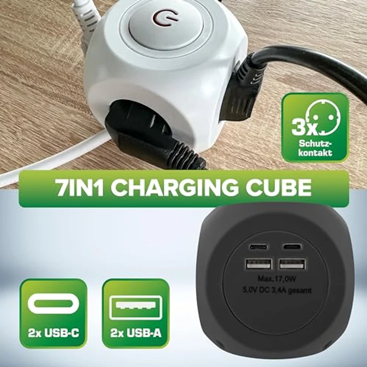 InLine 7-in-1 Steckdosenwürfel mit USB, Charging Cube, 3X Schutzkontakt, 2X USB-C, 2X USB-A, mit Schalter, 2m Kabel, Steckdosenleiste, Mehrfachstecker, Tischsteckdose, 3680W, weiß – Bild 3