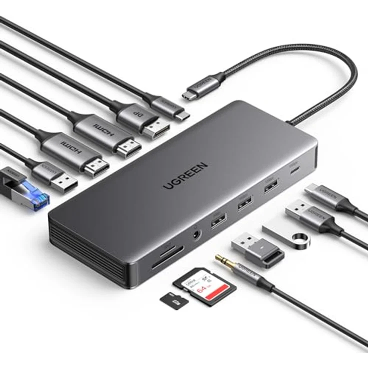UGREEN Revodok Pro 313 USB C Docking Station Triple Display 10Gbps USB Ports 13 IN 1 USB C Hub 2HDMI, DP, 5X USB A/C Ports, PD 100W Schnellladen, Gigabit Ethernet, SD/TF Kartenleser, 3.5mm Aux – Bild 1