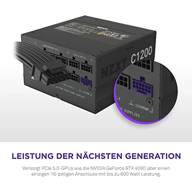 NZXT C1200 Power Supply - PA-2G1BB-EU - 1200 Watt Gaming PC Power Supply - ATX 3.0 - PCIe 5.0 12VHPWR Connector - 80 Plus Gold Efficiency - Fully Modular - Zero Fan Mode - Black – Bild 3
