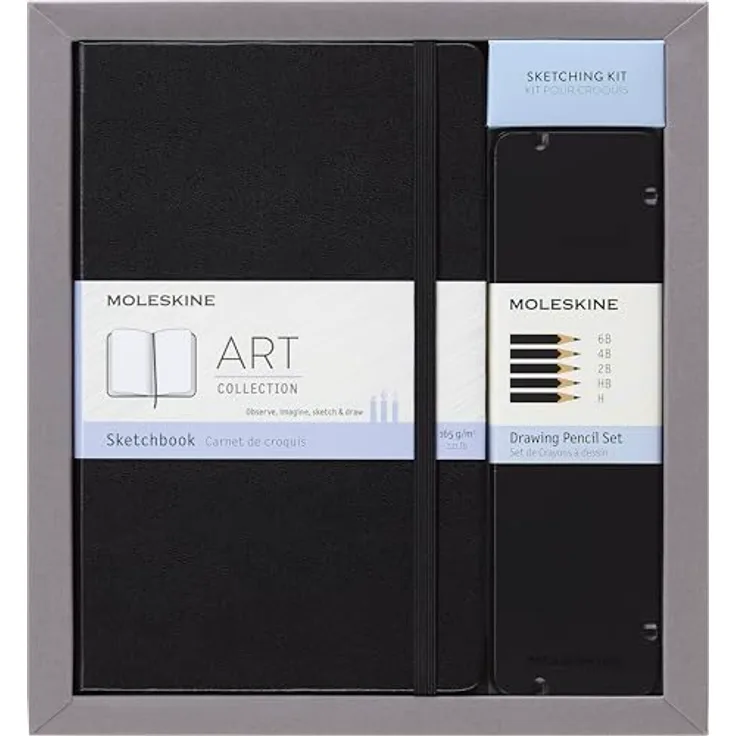 MOLESKINE Notizbuch Skizzenbuch-Set Large A5, 52 Blatt Hardcover schwarz mit elfenbeinweißem Skizzenpapier und Zeichenstift-Set