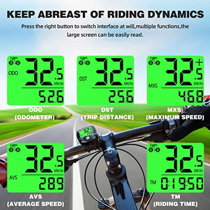 SPGOOD Fahrradcomputer Tacho Kabellos, 19 Funktionen, IP54 wasserdicht mit Hintergrundbeleuchtetem Display, automatischer Start/Stopp, schwarz – Bild 4
