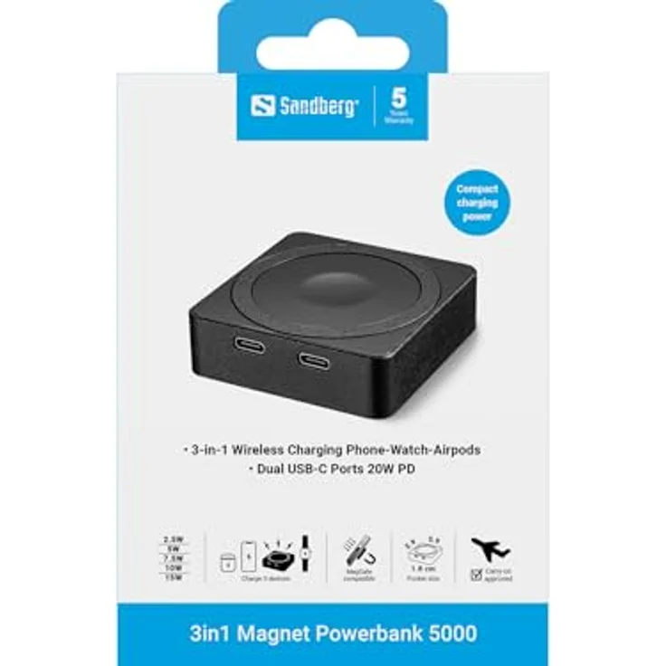 Sandberg 3in1 Magnet Powerbank 5000, 5000 mAh, 20 W, kabelloses Laden für iPhone, Apple Watch und AirPods, Schwarz – Bild 6
