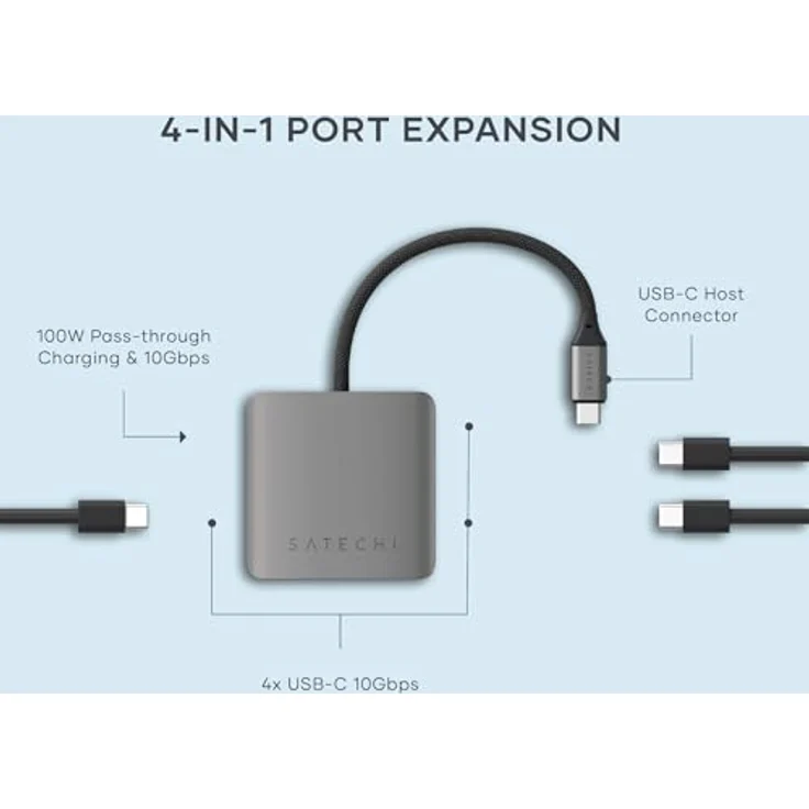 SATECHI USB-C-Hub mit 4 Anschlüssen, USB-C Adapter mit 100W USB-C PD und 10 Gbit/s USB 3.2 Datenanschlüssen, Aluminiumgehäuse, kompatibel mit MacBook, iPad, iPhone - Silber – Bild 2