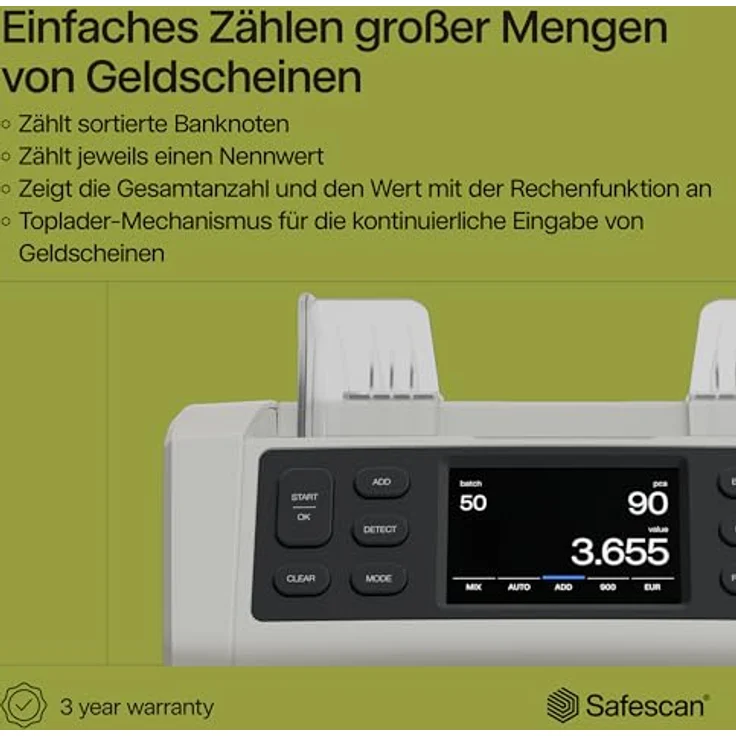 Safescan 2850, Geldzählmaschine mit 3-facher Echtheitsprüfung und mehrsprachiger Benutzeroberfläche – Bild 2