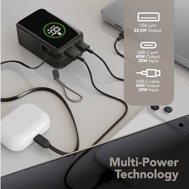 Cellularline Power Bank Roller 10000 mAh, Tragbare Powerbank mit 45 W Ausgang und einziehbarem USB-C-Kabel, Schwarz – Bild 3