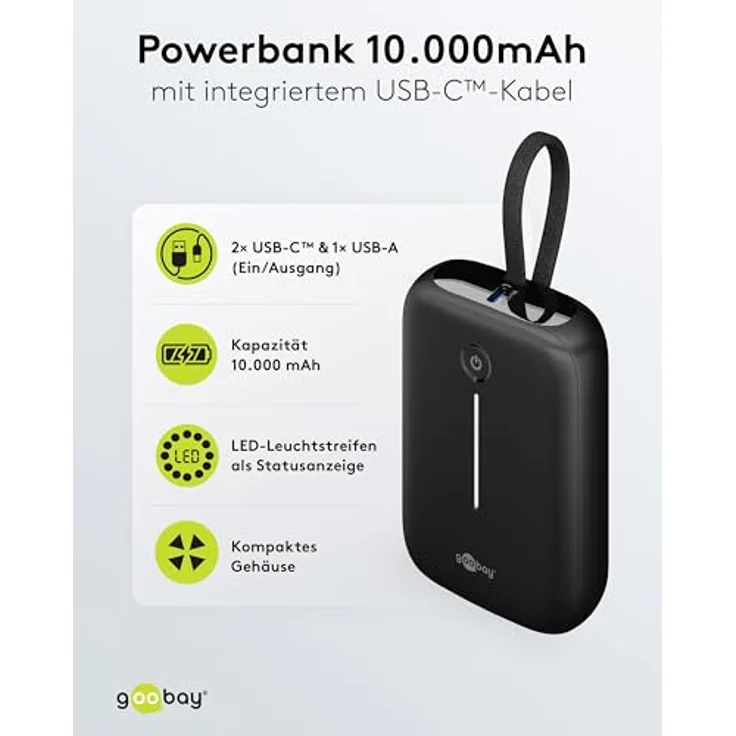 goobay Powerbank 10.000 mAh, mit integriertem USB-C Kabel, Quick Charge/Power Delivery, 2x USB-C und 1x USB-A, kompatibel mit Samsung, Xiaomi, Lenovo, Huawei, Apple iPhone und iPad, 76251 – Bild 2