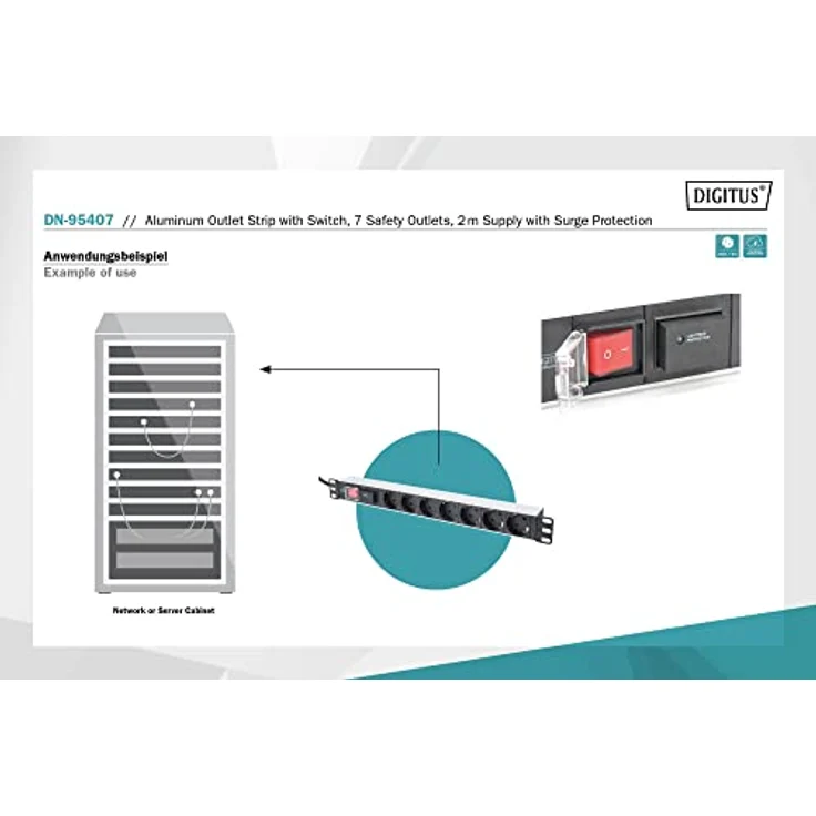 DIGITUS 19'' Steckdosenleiste, 7 Abgriffe, 1HE, 250VAC, 50-60Hz, 16A, 4000W, mit Schalter & Überspannungsschutz – Bild 3