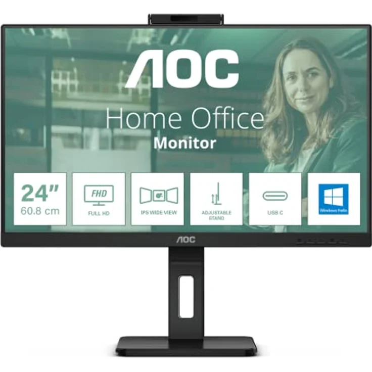 AOC 24P3CW - 24 Zoll Full HD Monitor, 5 MP Webcam, höhenverstellbar, Lautsprecher (1920x1080, 75 Hz, HDMI, DisplayPort (in/out), USB-C (65W PD), RJ45, USB Hub) schwarz – Bild 1
