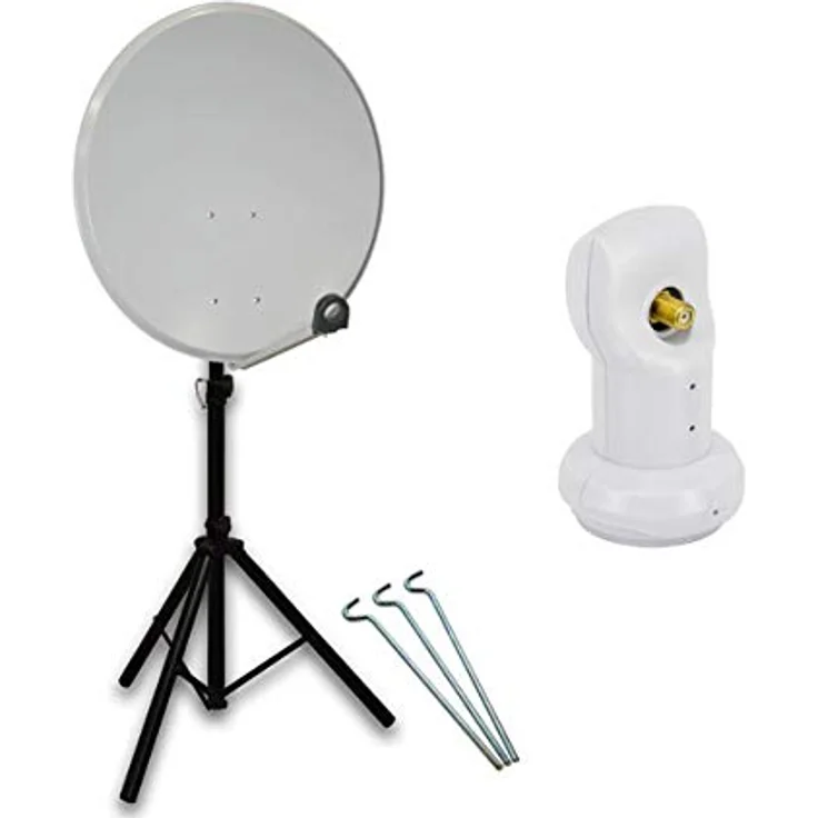 PremiumX Camping Satelliten-Komplettanlage 80cm, Aluminium Satellitenschüssel mit Universal Single LNB, dreibeinigem Stativ und 3 Heringen, HD/4K tauglich – Bild 1