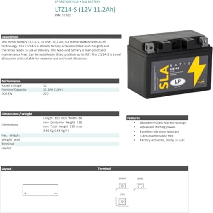 Landport AGM SLA 12V 11,2Ah Motorradbatterie MS LTZ14-S, wartungsfrei, hohe Kaltstartleistung, flexibel installierbar – Bild 5