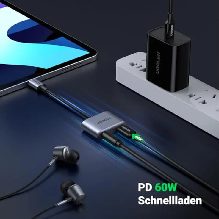 Ugreen USB Typ C (männlich) USB Typ C PD QC (weiblich) + 3,5mm Miniklinke (weiblich) Audio Adapter grau – Bild 5