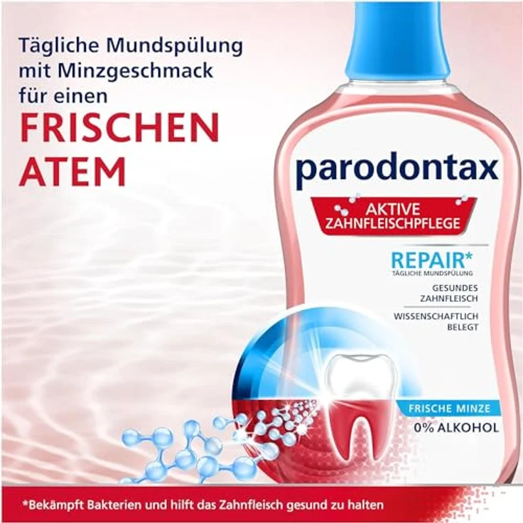 Parodontax Mundspülung Aktive Zahnfleischpflege- Repair*, 300ml mit frischem Minzgeschmack, alkoholfrei - Parodontax Mundspülung zur Zahnfleischpflege mit neuer Formulierung, Stärkung des Zahnschmelzes, Plaque-Entfernung und Fluorid-Kariesschutz, Minzgeschmack, 300ml – Bild 5