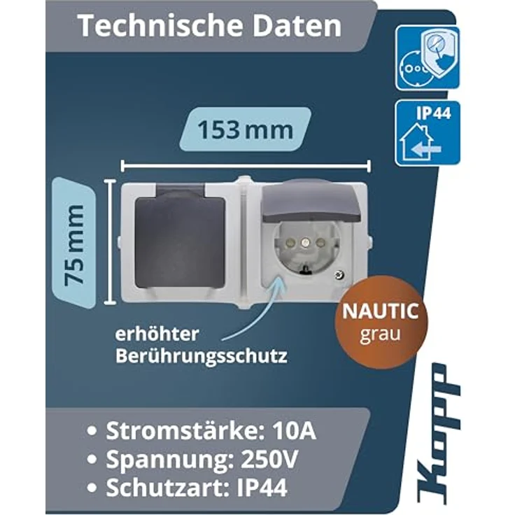 Kopp NAUTIC 2-fach Schutzkontakt-Steckdose mit Klappdeckel, grau - Aufputz Feuchtraumsteckdose IP44, 16A / 250V~, erhöhter Berührungsschutz – Bild 2