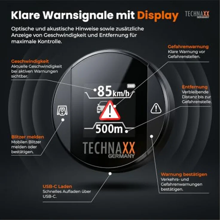 Technaxx TX-388 Verkehrswarner mit Blitzer.de, Echtzeit-Gefahren- und Geschwindigkeitswarnung, Auto-Aktivierung, Display, kompatibel mit Apple CarPlay & Android Auto – Bild 4