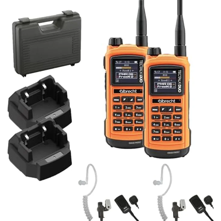 Albrecht Tectalk Duo 29149.S1, PMR & Freenet Funkgerät Kofferset mit 2 Geräten und Headsets, 12 km Reichweite, orange – Bild 1