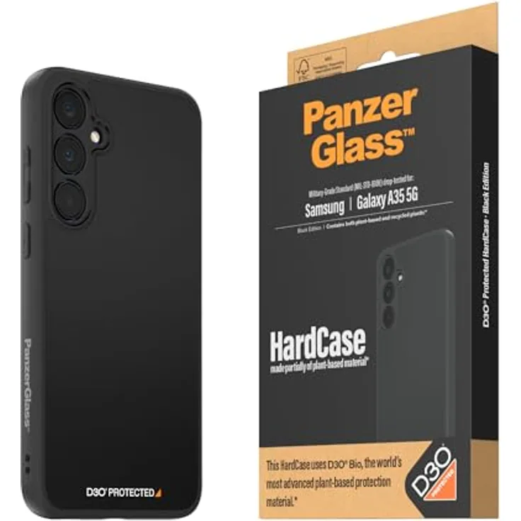 PanzerGlass™ Ultimativer Schutzhülle für Samsung Galaxy A35 HardCase mit D3O - Langlebig und Nachhaltig, Transparent/Schwarz