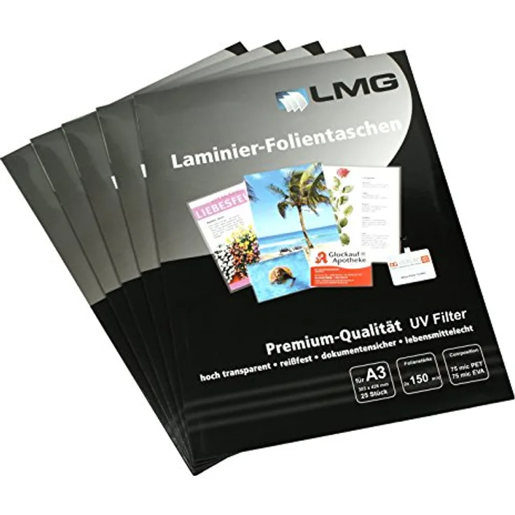 LMG LMGA3-150UV-25 Laminierfolien A3, 303 x 426 mm, 2 x 150 mic mit UV Filter, 25 Stück