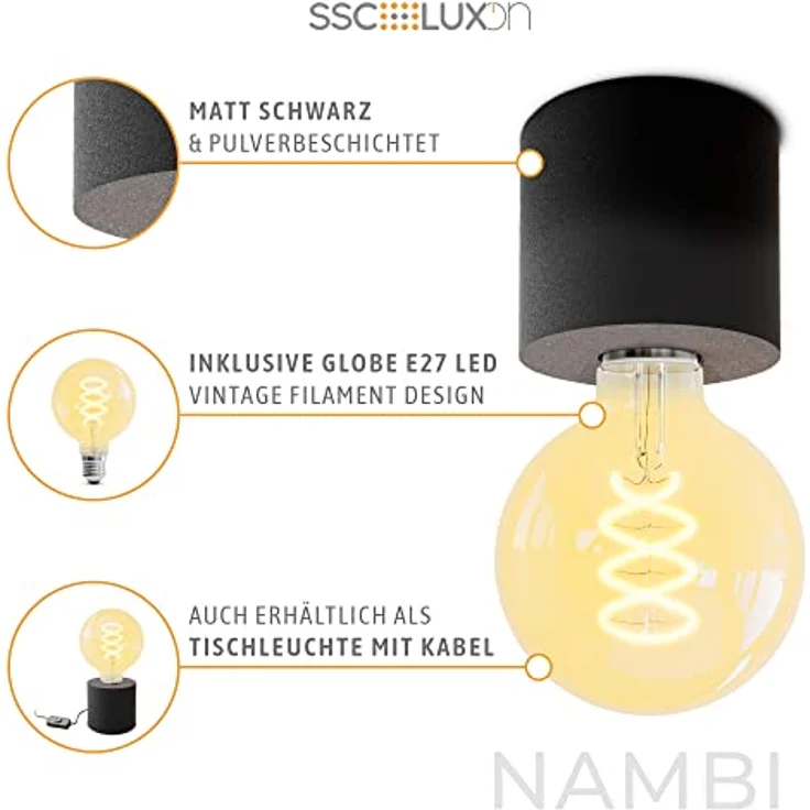 SSC-LUXon Design Decken Leuchte NAMBI inkl. Leuchtmittel LED Retro E27 Filament - Schwarz dimmbar extra warmes Licht – Bild 5