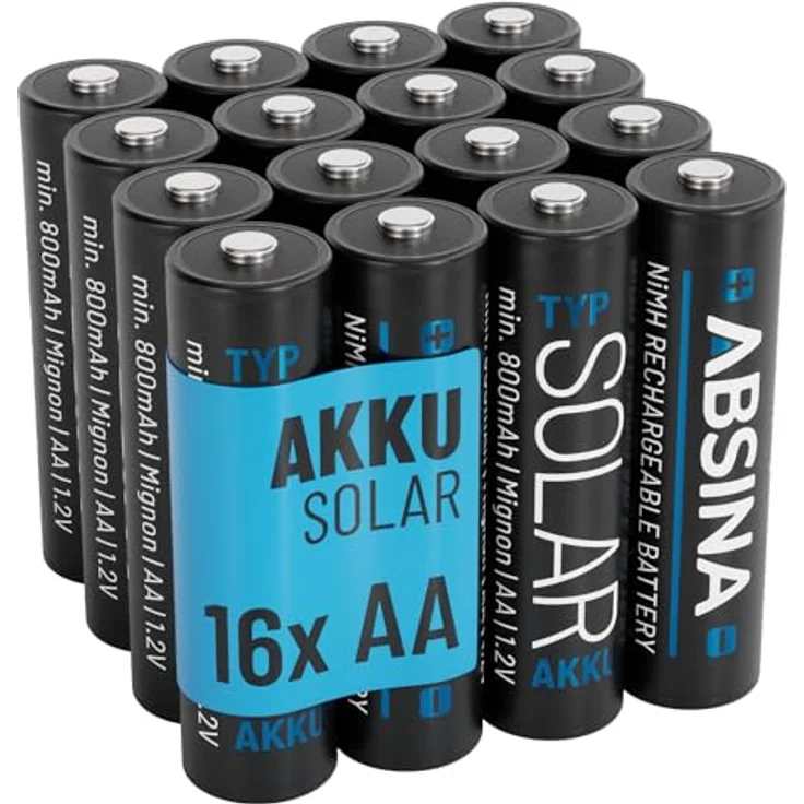 ABSINA 16x NiMH Solar Akku AA, 800mAh 1.2V wiederaufladbar mit geringer Selbstentladung für Solarleuchten, langlebig und umweltfreundlich – Bild 1
