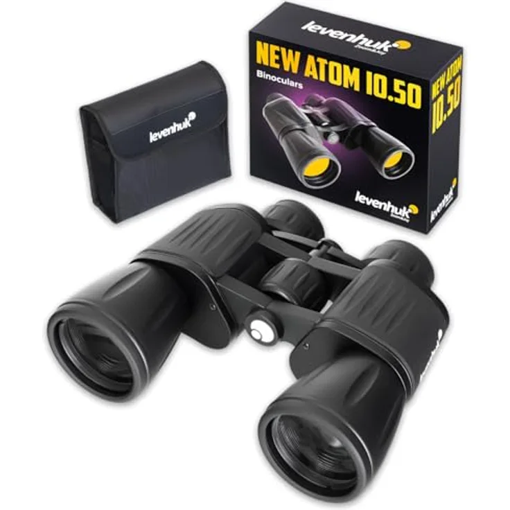 Levenhuk New Atom 10x50 Fernglas, Porro-Fernglas mit 10x Vergrößerung und 50mm Objektiv, spritzwassergeschützt, schwarz