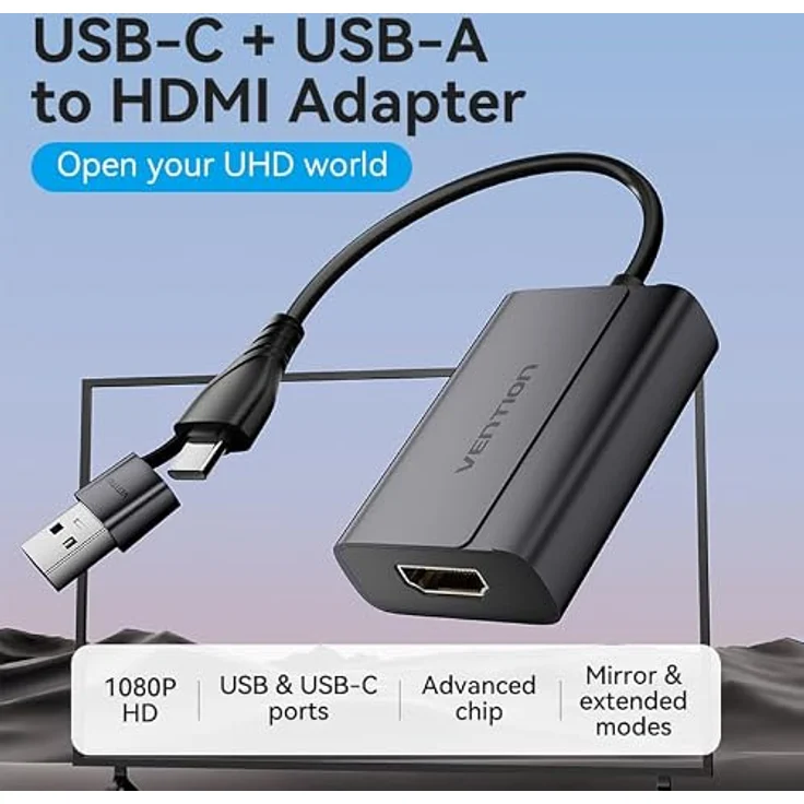 VENTION ACYHB USB C + USB A auf HDMI Adapter, 1080p @ 60Hz, Dual-Schnittstelle, tragbare Aluminiumlegierung, grau, kompatibel mit Windows und MacOS – Bild 2