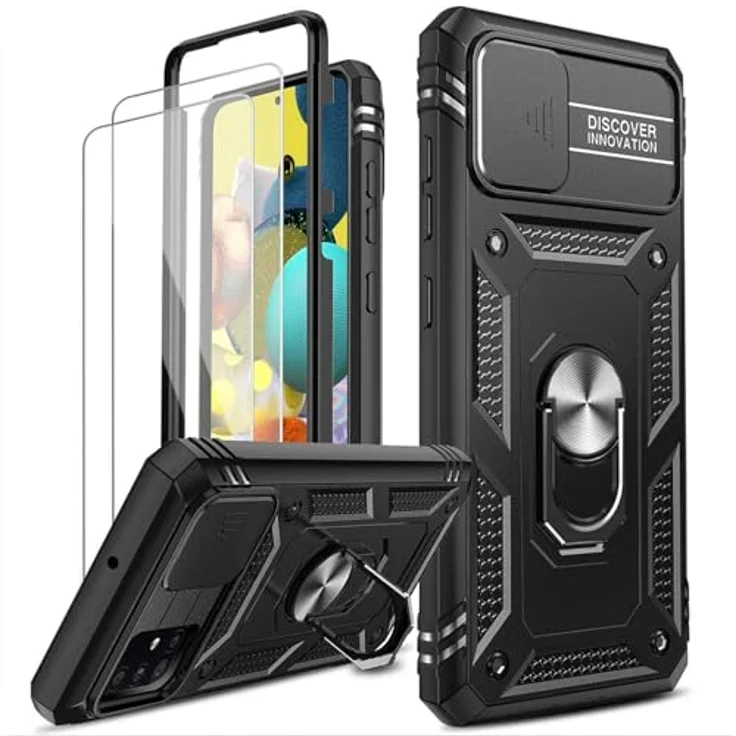 LeYi Hülle für Samsung Galaxy A51 4G, Hybrid Schutzhülle mit Kameraschutz und Metall Ring Ständer, stoßfest, schwarz, inkl. 2 Schutzfolien – Bild 1