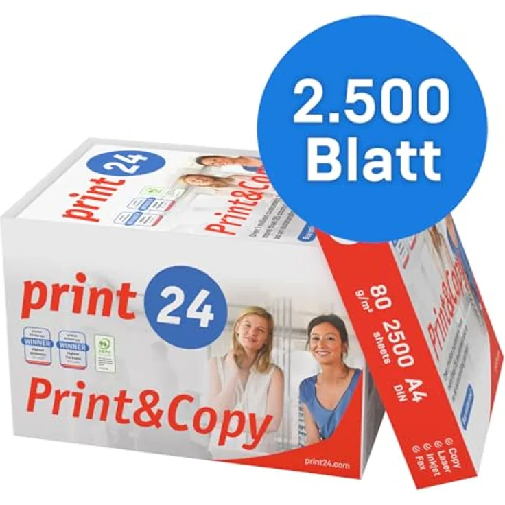 print24 Druckerpapier Kopierpapier 2500 Blatt 5 x 500 A4 80g Premium Weiß Testsieger PEFC, hohe Opazität und nachhaltige Herstellung