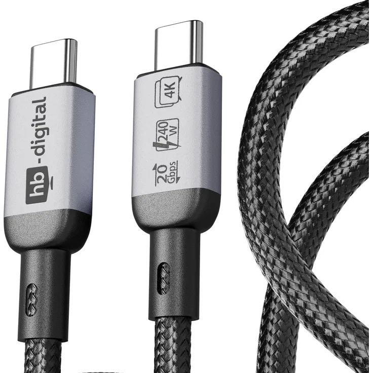 hb-digital USB-C Ladekabel USB-4 Datenkabel, 20Gbps, 240W, 2m, Schwarz