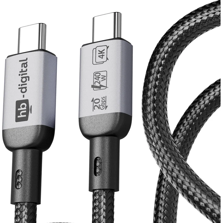 hb-digital USB-C Ladekabel USB-4 Datenkabel, 20Gbps, 240W, 2m, Schwarz