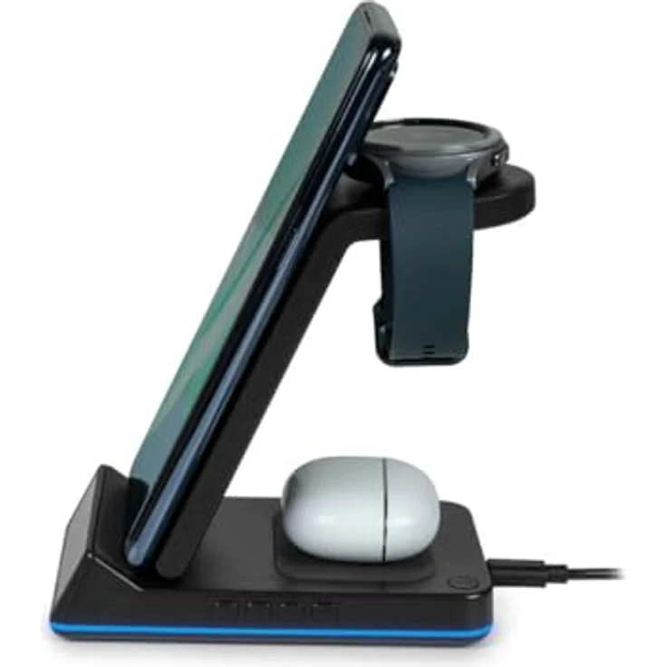 THOMSON 4-in-1 Ladestation mit Wecker für Android, kabelloses Laden für Smartphone, Galaxy® Watch & Earbuds, personalisierbar, Schwarz – Bild 2