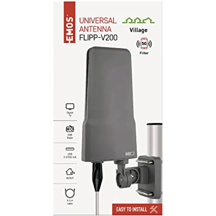 EMOS J0804 Außenantenne mit Verstärker, VHF/UHF/DAB, 80 km Reichweite, integrierter LTE- und 5G-Filter, Full HD, inkl. 8,5 m Koaxialkabel und Zubehör – Bild 2