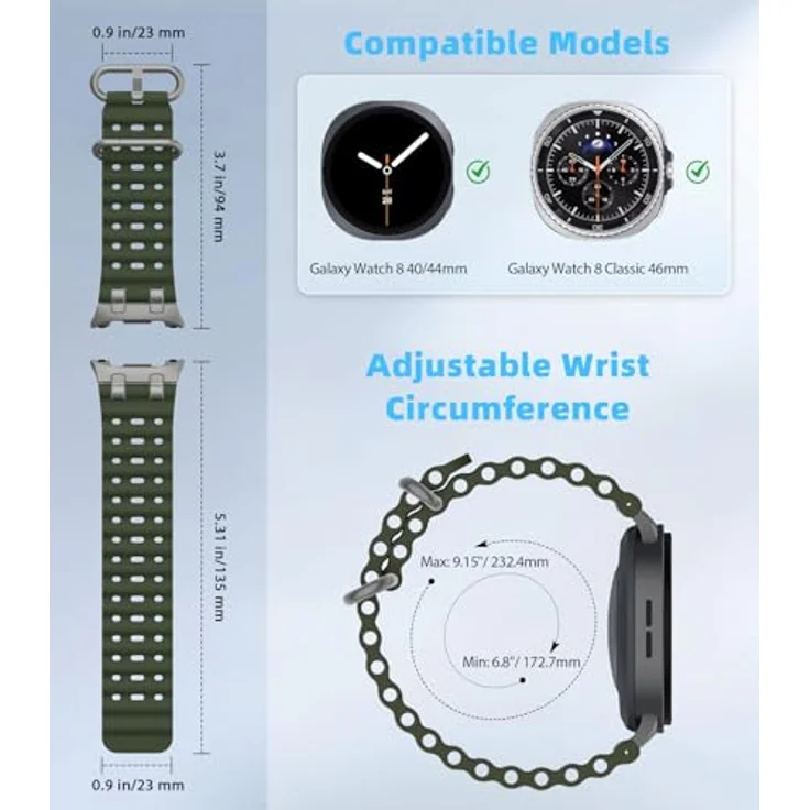 MoKo Ocean Armband für Samsung Galaxy Watch 8 und 8 Classic, atmungsaktives Silikon mit Metallverbindern, Titan/Armeegrün, für Herren und Damen – Bild 2