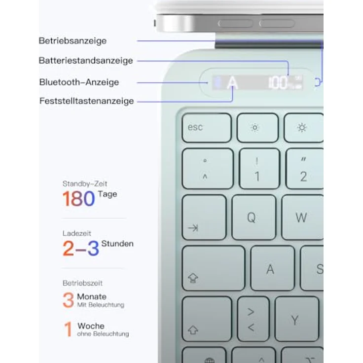 Inateck KB903, Magnetische Tastatur für iPad 11 Gen 2025 A16/10 Gen, Großes Trackpad, LED Anzeige, 7 Farben Hinterleuchtet, QWERTZ, mit Stifthalter – Bild 2