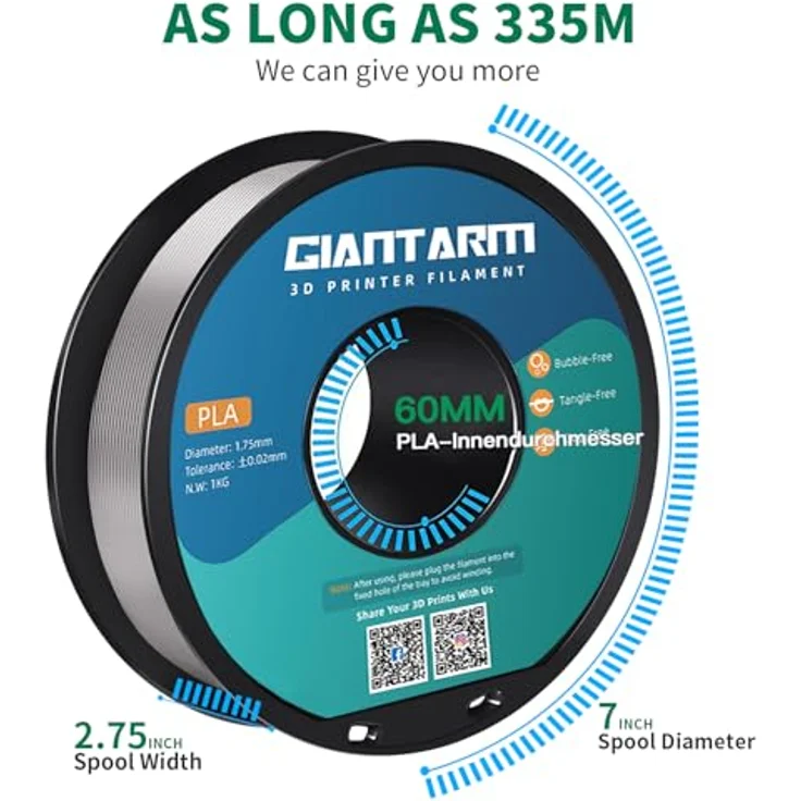 GIANTARM PLA Filament 1.75mm, 1kg Spule in Silber, hohe Präzision und Kompatibilität, vakuumverpackt – Bild 4