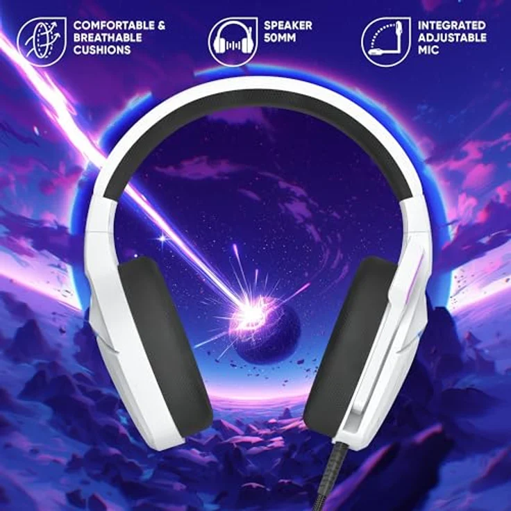 Oniverse Oniverse Gaming-Headset, kabelgebunden, 50 mm Lautsprecher, kompatibel mit PS5, PS4, Switch, Xbox, PC und Mac, verstellbares Mikrofon, LED-Beleuchtung, bequem und atmungsaktiv, Carbon Black oder Frost White – Bild 5