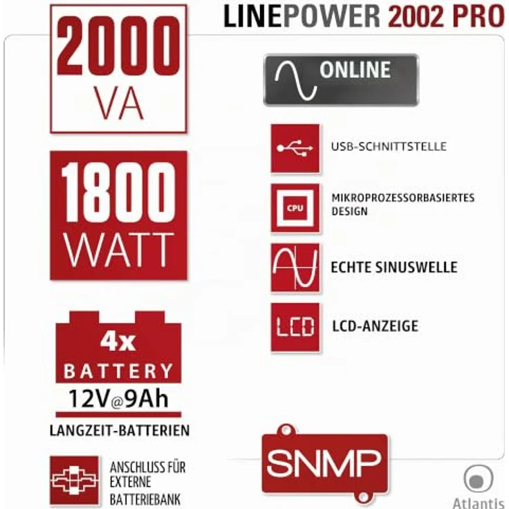 Atlantis Land UPS A03-OP2002P, 2000VA/1800W Online USV Tower mit reiner Sinuswelle, 4 Ausgänge, LCD-Display – Bild 6