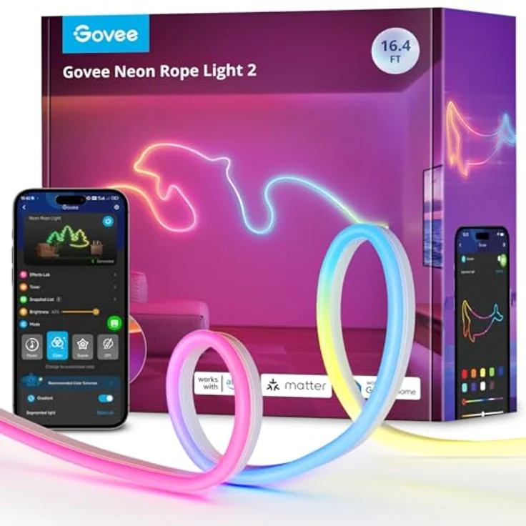 Govee Neon Rope Light 2, RGBIC Neon LED Strip 5m mit Form-Mapping, DIY Design, Funktioniert mit Matter, Alexa & Google Assistant, Neon LED Streifen für Schlafzimmer Gaming Wanddekoration, Weiß – Bild 1
