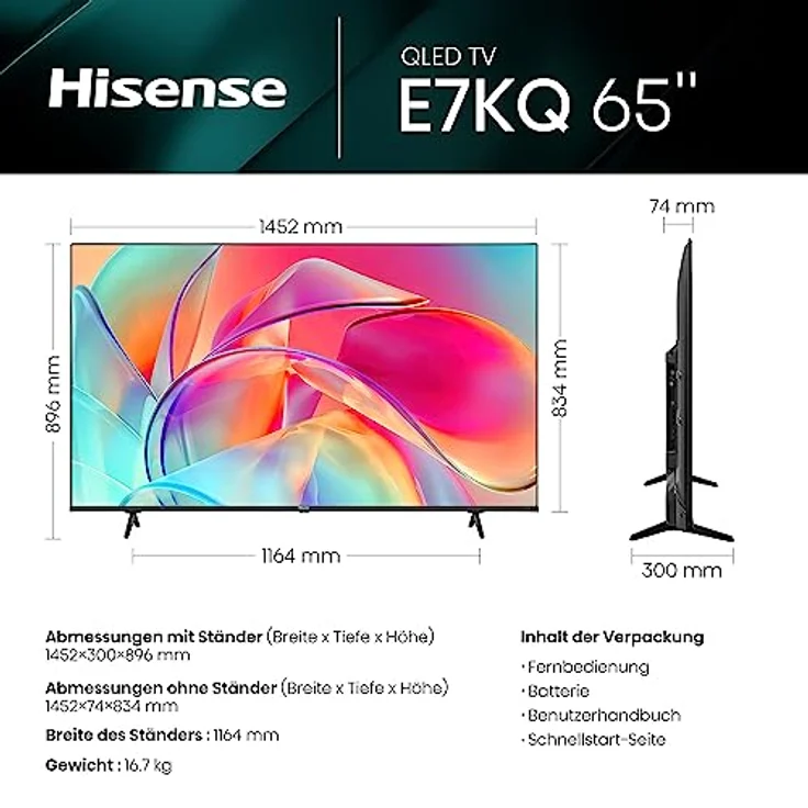 Hisense 65E7KQ QLED Smart TV 164 cm (65 Zoll), 4K, HDR10, HDR10+ decoding, HLG, Dolby Vision, DTS Virtual, 60Hz Panel, Bluetooth, Alexa Built-in, VIDAA Voice – Bild 2