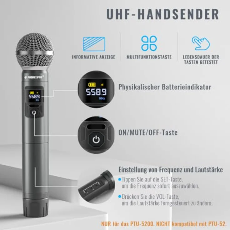 Phenyx Pro PTU-5200-4H, 4-Kanal UHF Funkmikrofon-System mit 25 einstellbaren Frequenzen und Metallhandmikrofonen – Bild 3