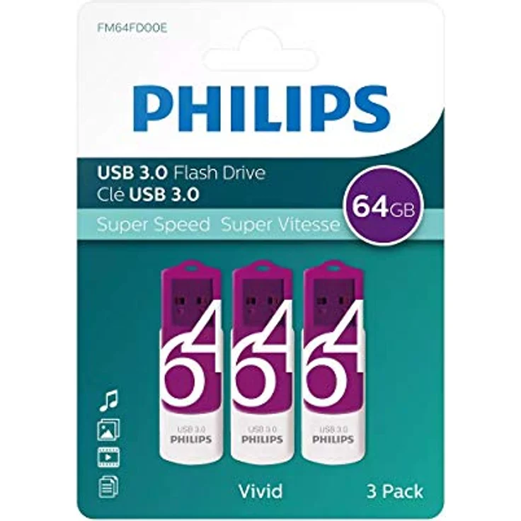 Philips 3 Pack USB Super-Speed Stick 64GB Memory USB 3.0 Flash Drive Vivid Edition for PC, Laptop, Computer Data Storage 3 x 64 GB Reads up to 100MB/s – Bild 1