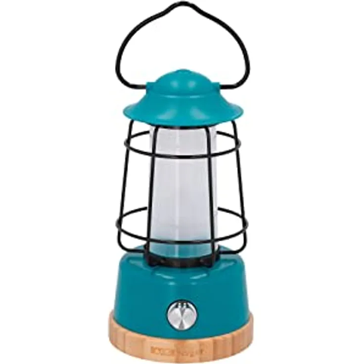 BERGER gemütlich Hopuni LED Campinglaterne │ Campinglampe mit Dimmfunktion, retro, blau, Campingleuchte │ aufladbare Lampe inkl. Akku als Powerbank nutzbar, USB, kabellos │ Bambus, Metall