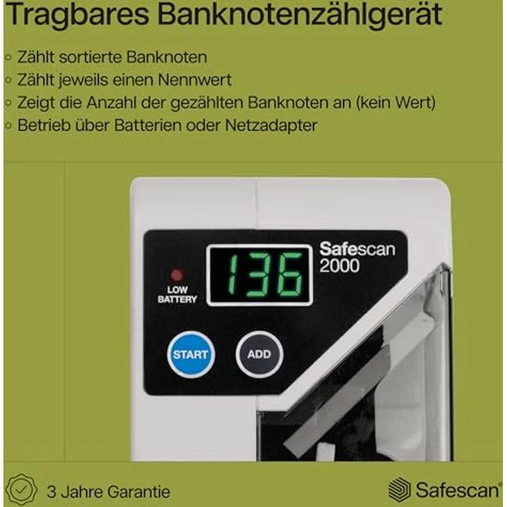Safescan 2000 Tragbare Geldzählmaschine, zählt sortierte Banknoten aller Währungen, schnell mit 600 Scheinen/Minute, zwei Stromversorgungsoptionen, Taschenformat – Bild 2