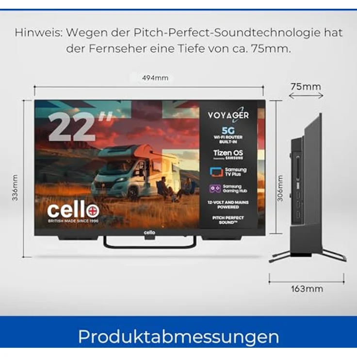 Cello Voyager C22TZR-VOY 22" Smart Traveller-TV mit 5G WLAN-Router, Tizen OS, Triple-Tuner, ideal für Wohnmobile – Bild 4