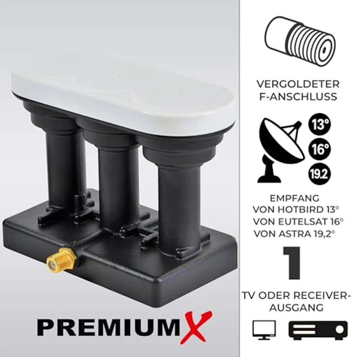 PremiumX Triple Monoblock LNB, Single für 1 Teilnehmer, 4K Full HD, Wetterschutz, kompatibel mit Astra 19,2° E, Eutelsat 16° und Hotbird 13°, Schwarz – Bild 3