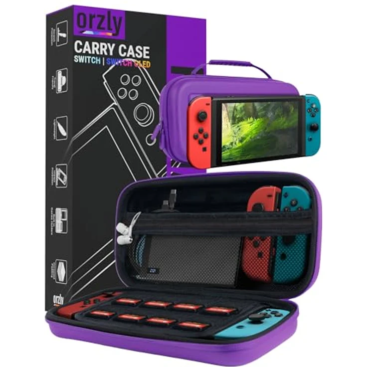 Orzly Tragetasche für Nintendo Switch, Hartschalen Aufbewahrungstasche mit Platz für Konsole, 2 Joy-Con Controller und Zubehör, Lila – Bild 1