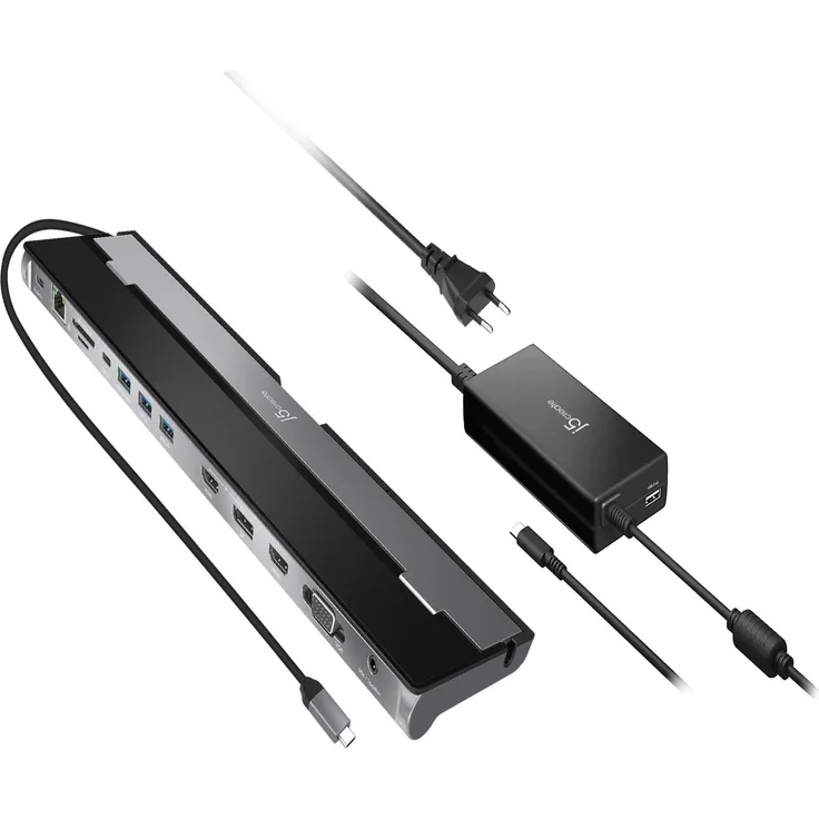 j5create JCD543P-EN USB-C® dreifach Display Docking Station mit 100W PD Adapter - EU, Schwarz, Silber, USB 3.2 Gen 1 (3.1 Gen 1) Type-C, 100 W, Gigabit Ethernet
