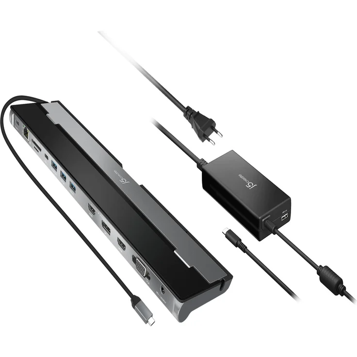 j5create JCD543P-EN USB-C® dreifach Display Docking Station mit 100W PD Adapter - EU, Schwarz, Silber, USB 3.2 Gen 1 (3.1 Gen 1) Type-C, 100 W, Gigabit Ethernet