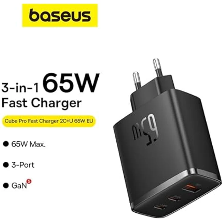 Baseus Travel Charger Cube Pro GaN Quick Charger C+C+U, 65W, Black EU – Bild 4