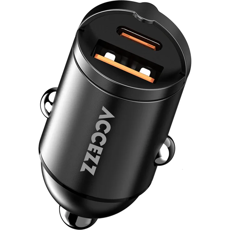 Accezz Autoladegerät | Schnellladegerät mit 2 Ports - USB-A 30 Watt + USB-C 65 Watt - Schwarz, kompakt und sicher mit Power Delivery 3.0 und Quick Charge 3.0