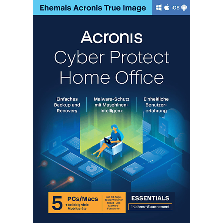 ACRONIS Acronis True Image Essentials Abonnement 5 Computer, 1-Jahres-Abonnement, KI-basierten Schutz und Remote-Verwaltung